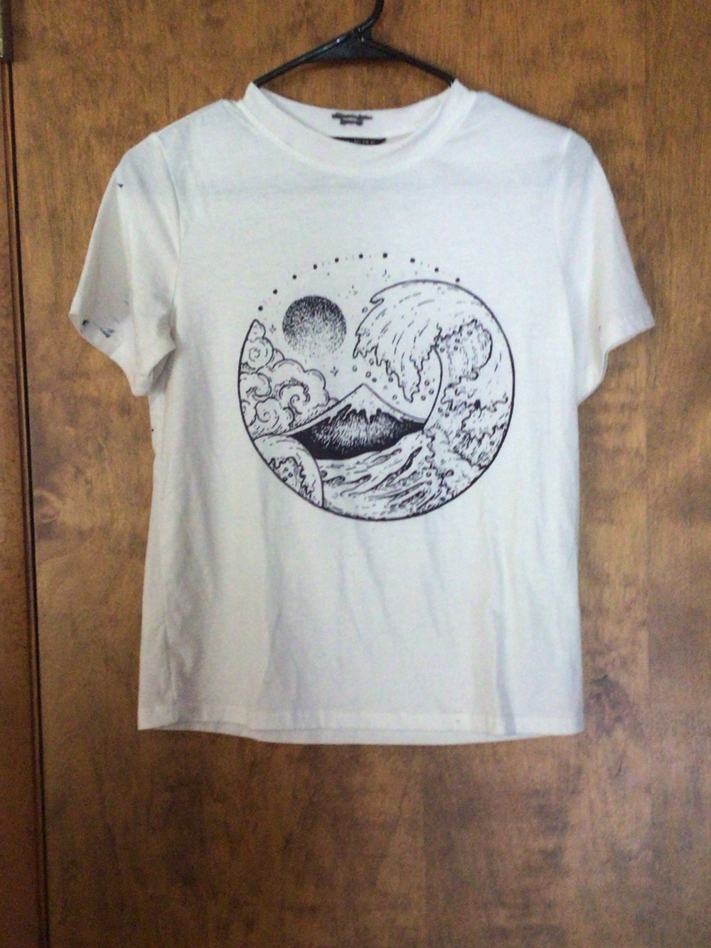 SHEIN White Tee with Black Mountain & Wave Graphic
